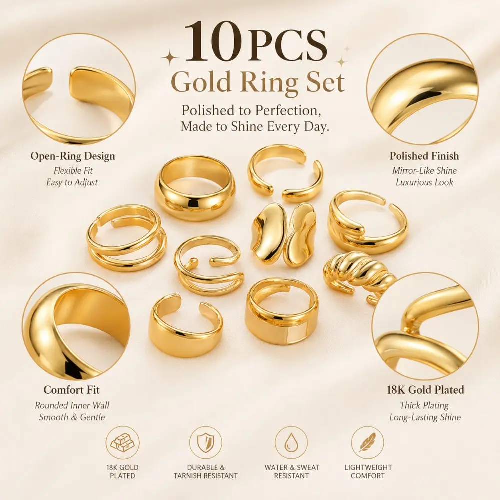 Women's 10PCS 18K Gold Plated  - Minimalist Ring Stackable 评论和价格