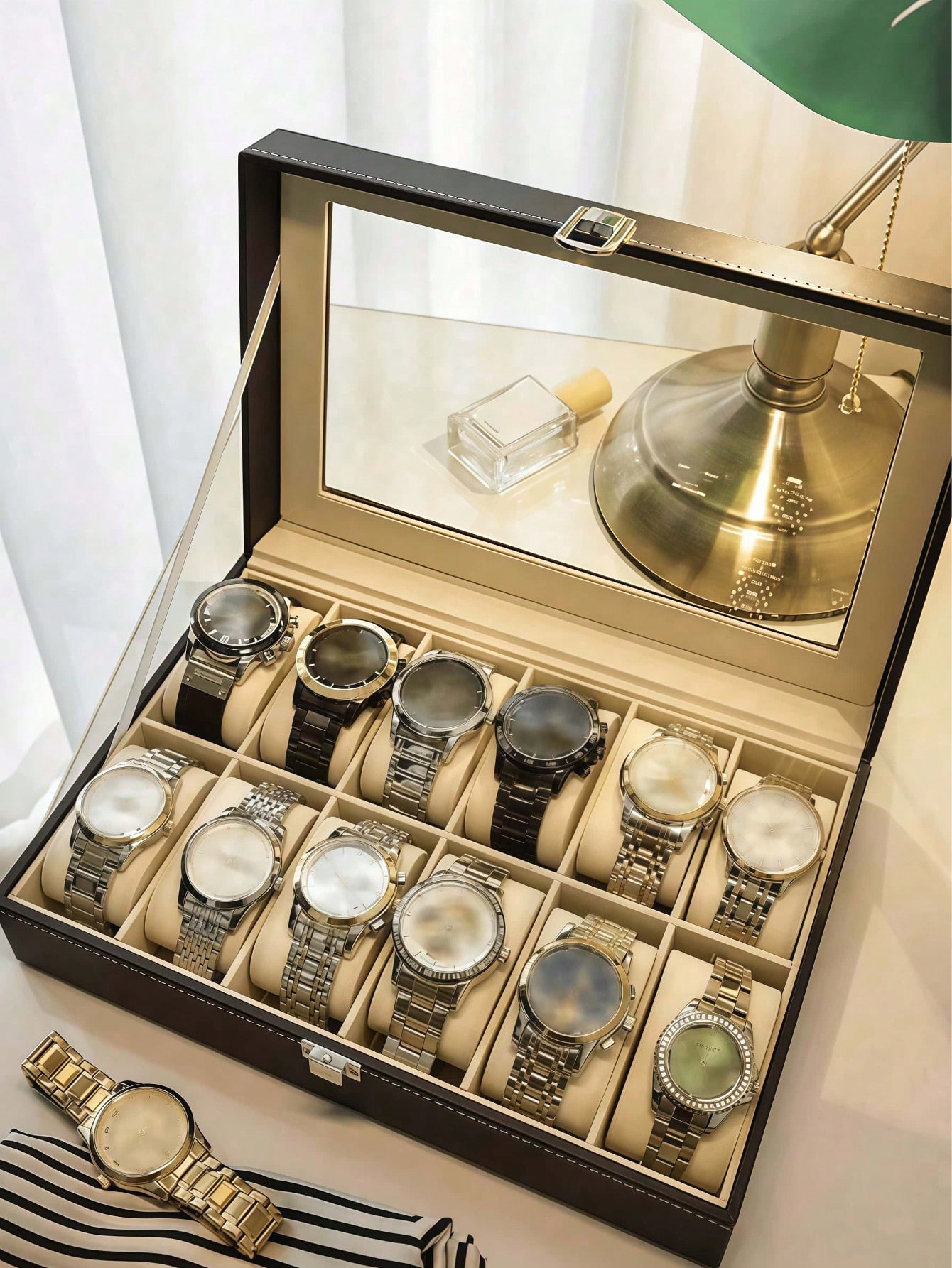Leather Watch Box with Lock, L - Jewelry Organizer Watches 评论和价格
