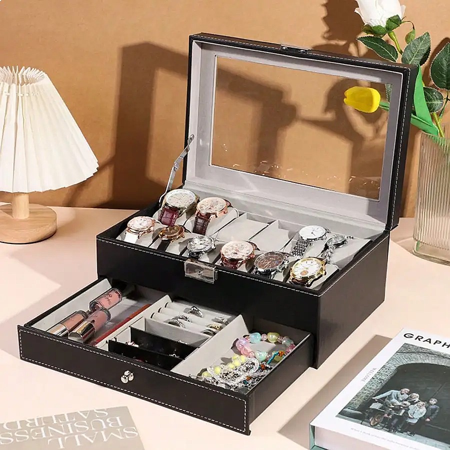 12-Slot Watch Box with Drawer, - Jewelry Organizer Watches 评论和价格