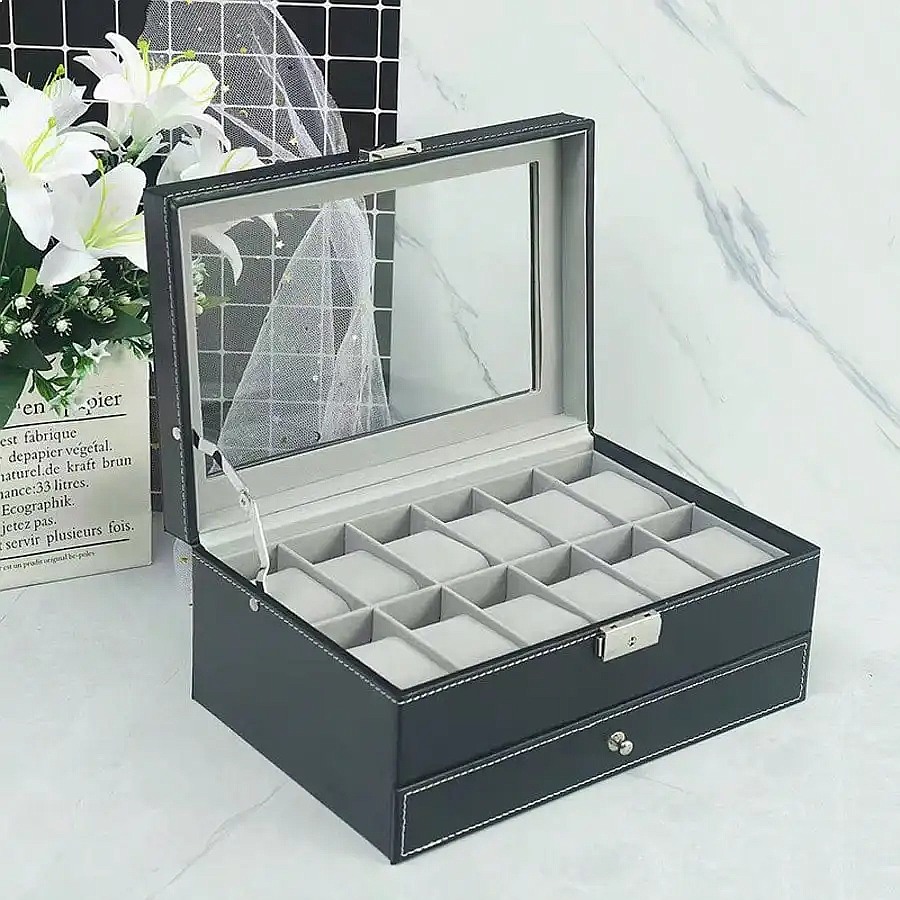 12-Slot Watch Box with Drawer, - Jewelry Organizer Watches 评论和价格